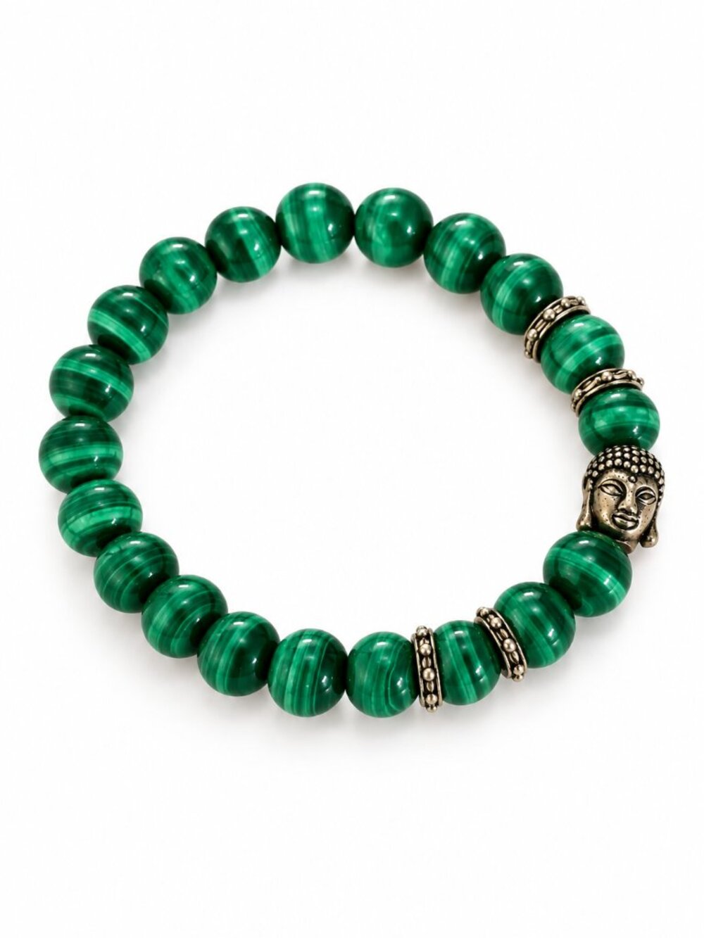 Green Banded Bead Buddha Stretch Bracelet Silver Tone Boho Zen